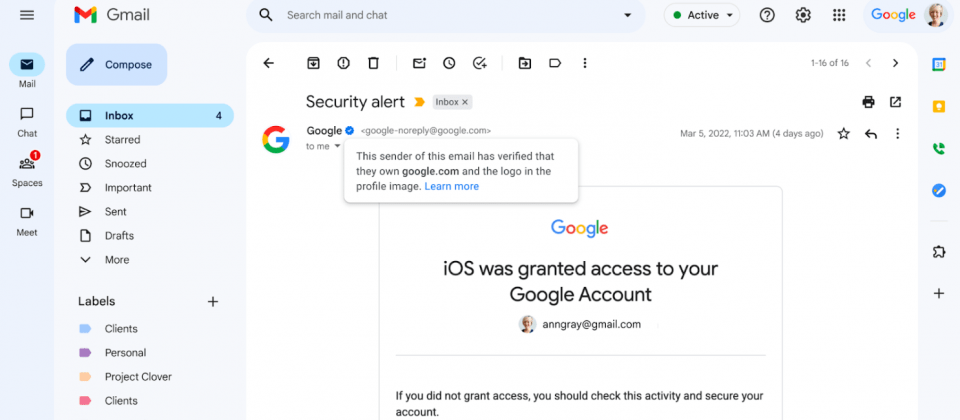 Gmail释出蓝色验证勾勾，提升发件人可信度以防范诈骗