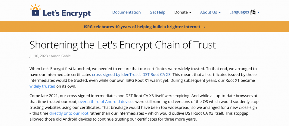 Let's Encrypt将于2024年终止支持跨签章