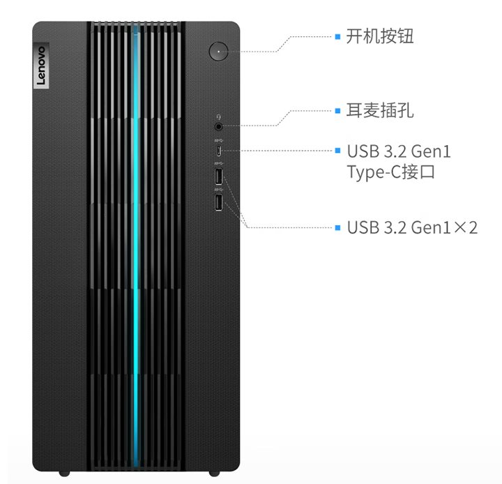 机身正面提供3.5mm耳机麦克风复合端子与USB 3.2 Gen1 Type-C端子各1组，以及2组USB 3.2 Gen1端子。
