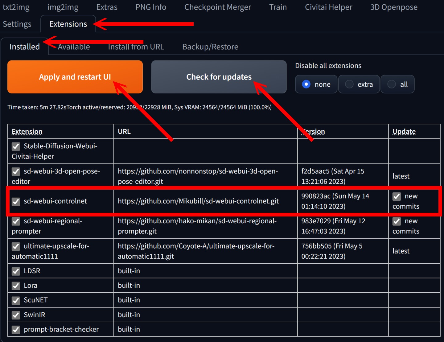 如果需要更新ControlNet的话，可至Stable Diffusion WebUI的Extensions页面，在Installed标签下点击「Check for updates」检查外挂功能的更新，并点击「Apply and restart UI」安装更新并重新启动。