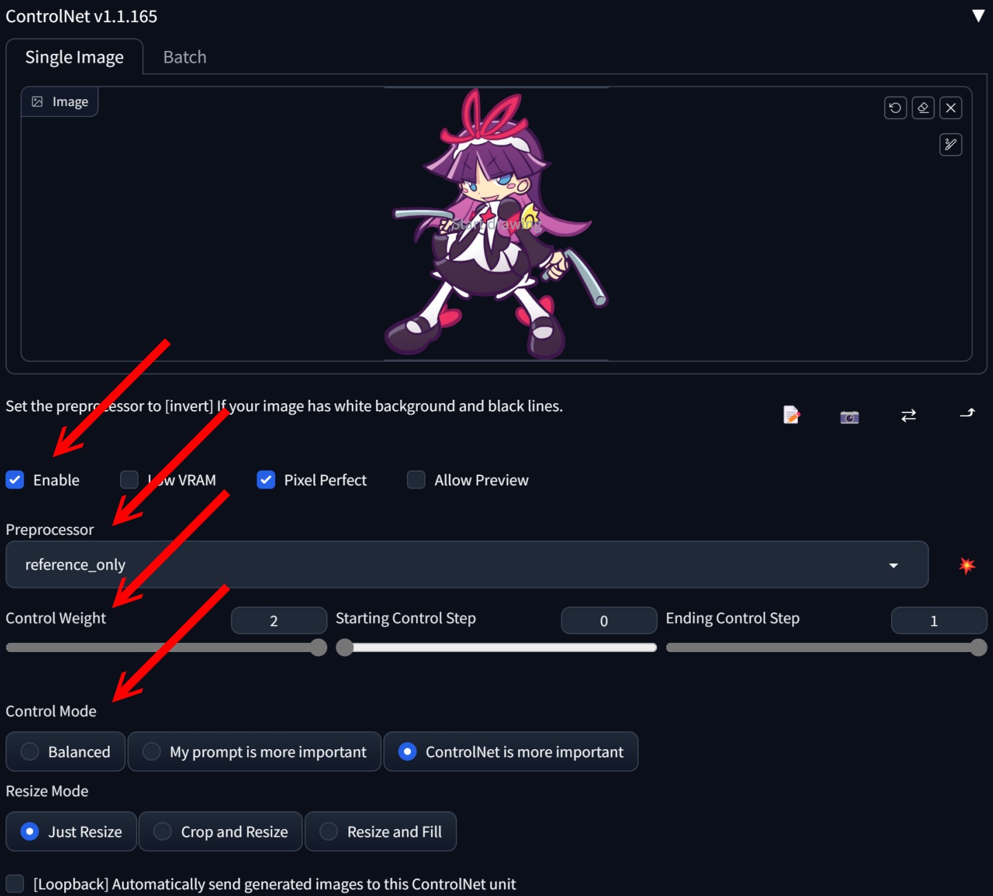 接着依序点击「Enable」方块，然后在Preprocessor选择reference_only。 之后可以视需求调整Control Weight与Control Mode，以改变控制的权重。