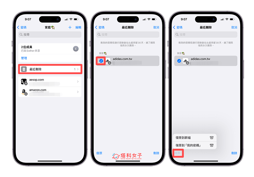iOS17 复原已删除的共享密码：最近删除 > 勾选密码 > 恢复