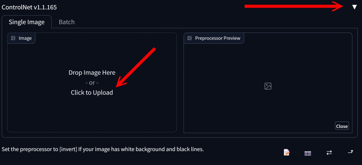 使用Reference Only时，需先点击ControlNet右方三角形将其设定项目展开然后点击「Click to upload」，选择想要输入的参考图片。