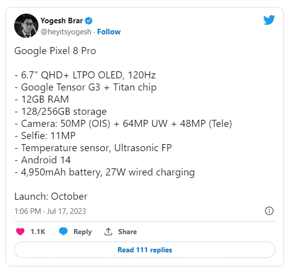 谷歌 Pixel 8 Pro 重点规格流出，预计于10月发表