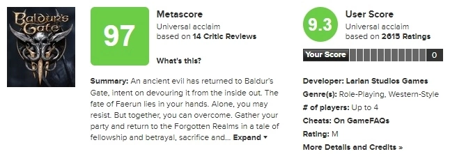 《柏德之门3》Metacritic 评价 97 均分暂居全年第一，总监表示「玩家高兴，开发者也开心」