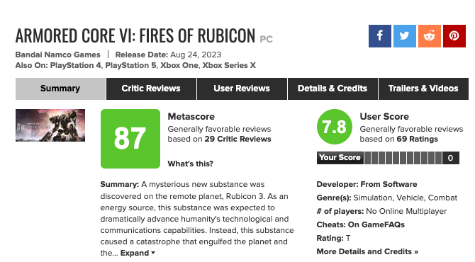 《装甲核心VI 境界天火》Metacritic 用户评分并不理想