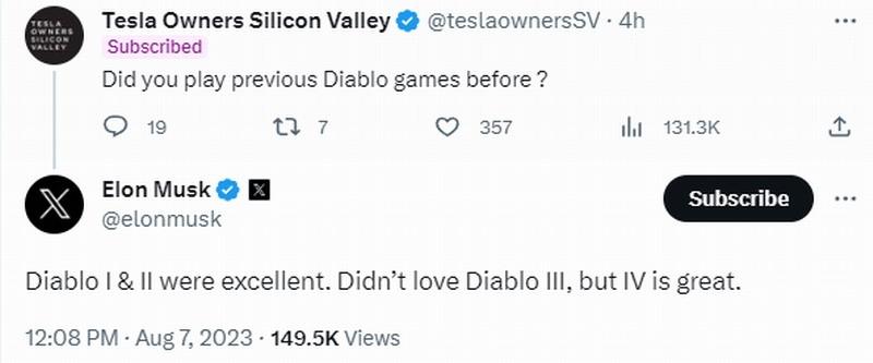 马斯克出来赞《Diablo 》很棒 暴雪Nice work