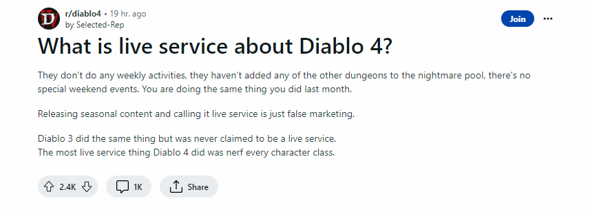 《Diablo 4》玩家民情激愤 因缺少Online内容而感到被骗