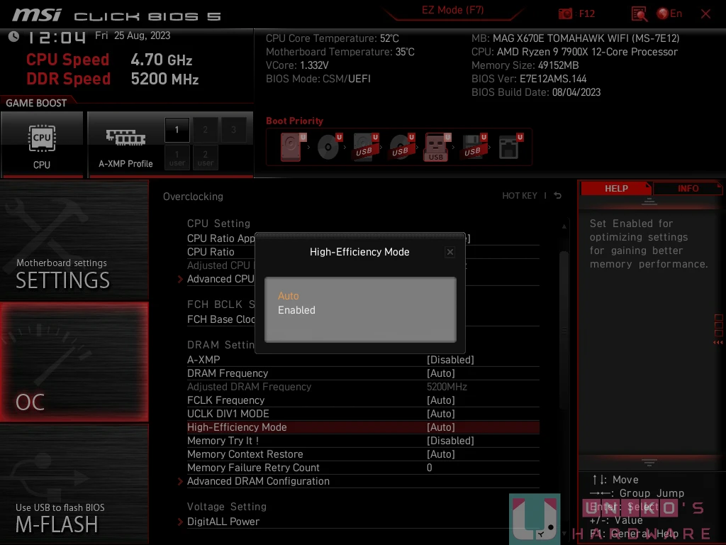 微星 AM5 HIGH-EFFICIENCY MODE 内存高效率模式 feat.MSI MAG X670E TOMAHAWK WIFI AGESA 1007C