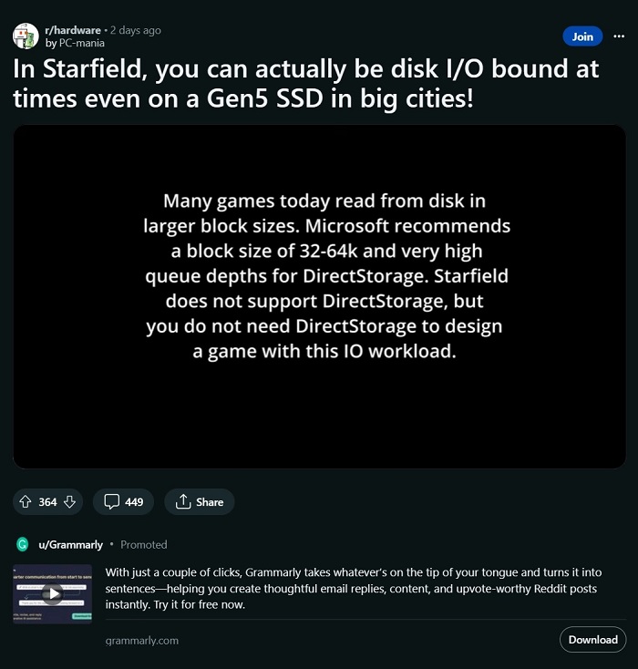 Youtuber实测证实《星空Starfield》并未对 SSD 最佳化，就算你用高阶Gen5 SSD也照样卡顿