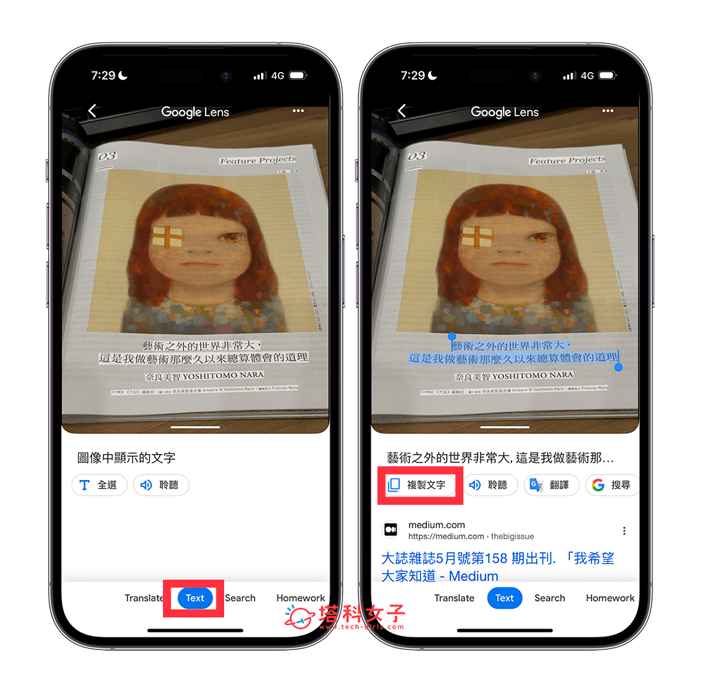 在 谷歌 App 中使用 谷歌 智能镜头：Text > 复制文字