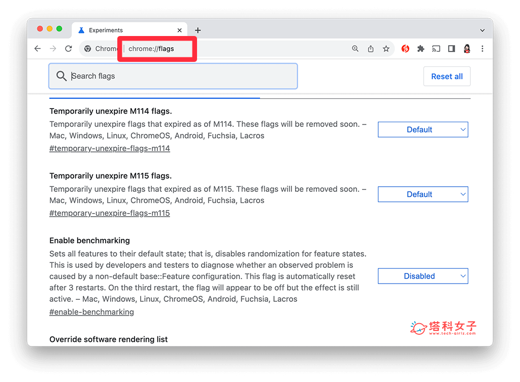 谷歌 Chrome 所有书签关闭：贴上「chrome://flags/」