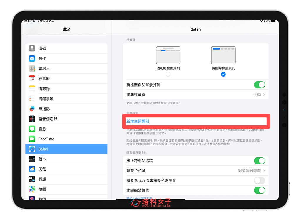 iPadOS 17 Safari 主题类别功能
