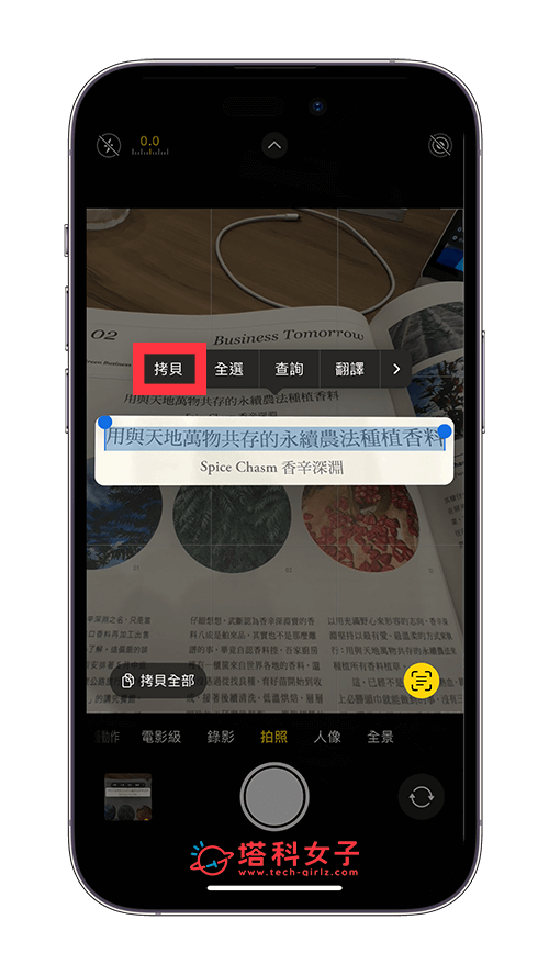 使用 iPhone 相机文字辨识功能：拷贝
