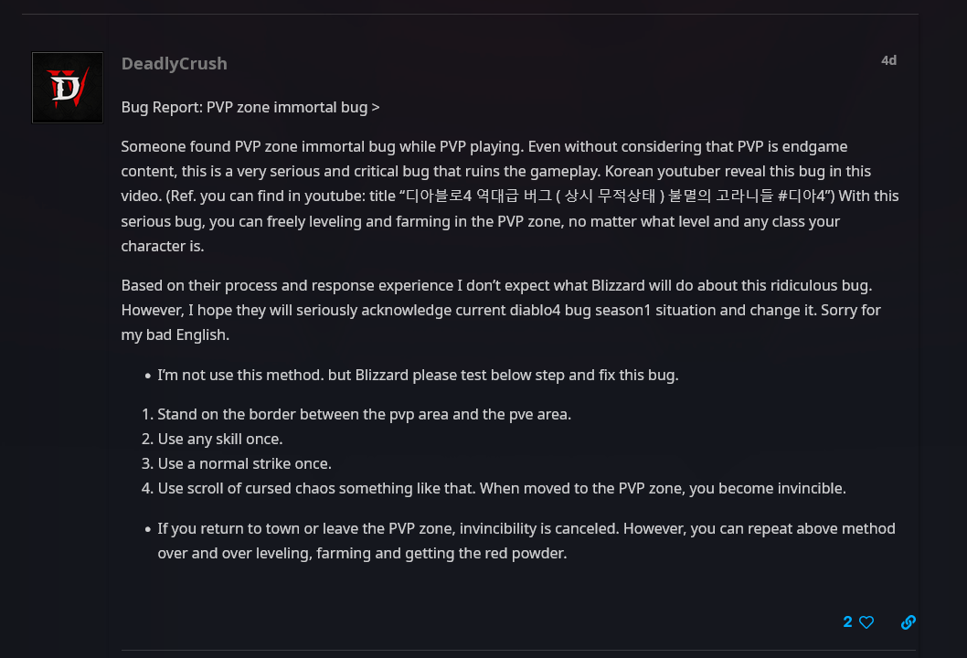 《Diablo 4》玩家PvP区域「无敌BUG」
