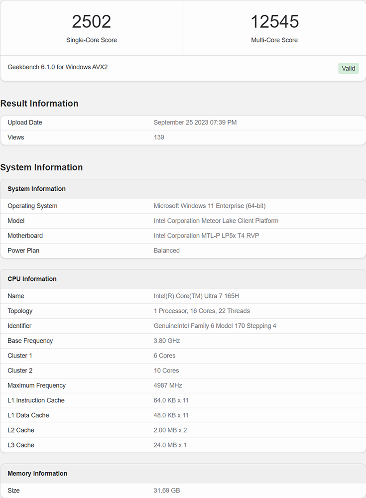 Meteor Lake 架构Intel Core 7 165H处理器首次现身Geekbench跑分数据库，分数跟i9-13900H 差不多 - 电脑王阿达