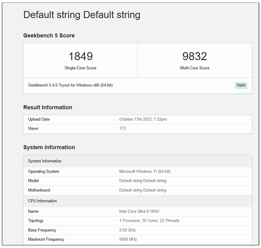 Intel Core Ultra 9 185H 首次现身 Geekbench，具有 16 核心和 5.1GHz 时脉