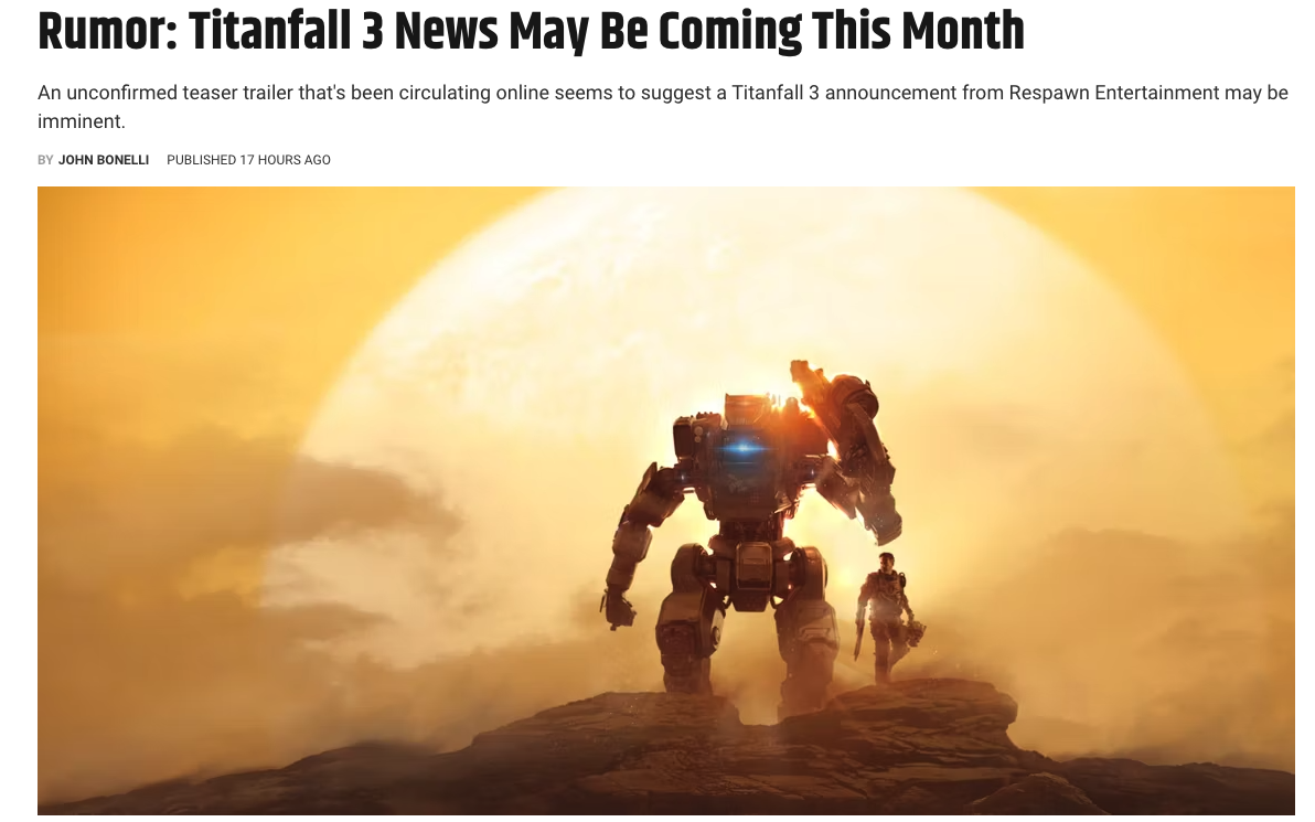 Respawn《泰坦陨落3》最新消息 或本月底公布