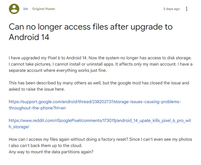 Android 14更新出现Bug，谷歌 Pixel 6用户升级后128GB储存空间剩4GB