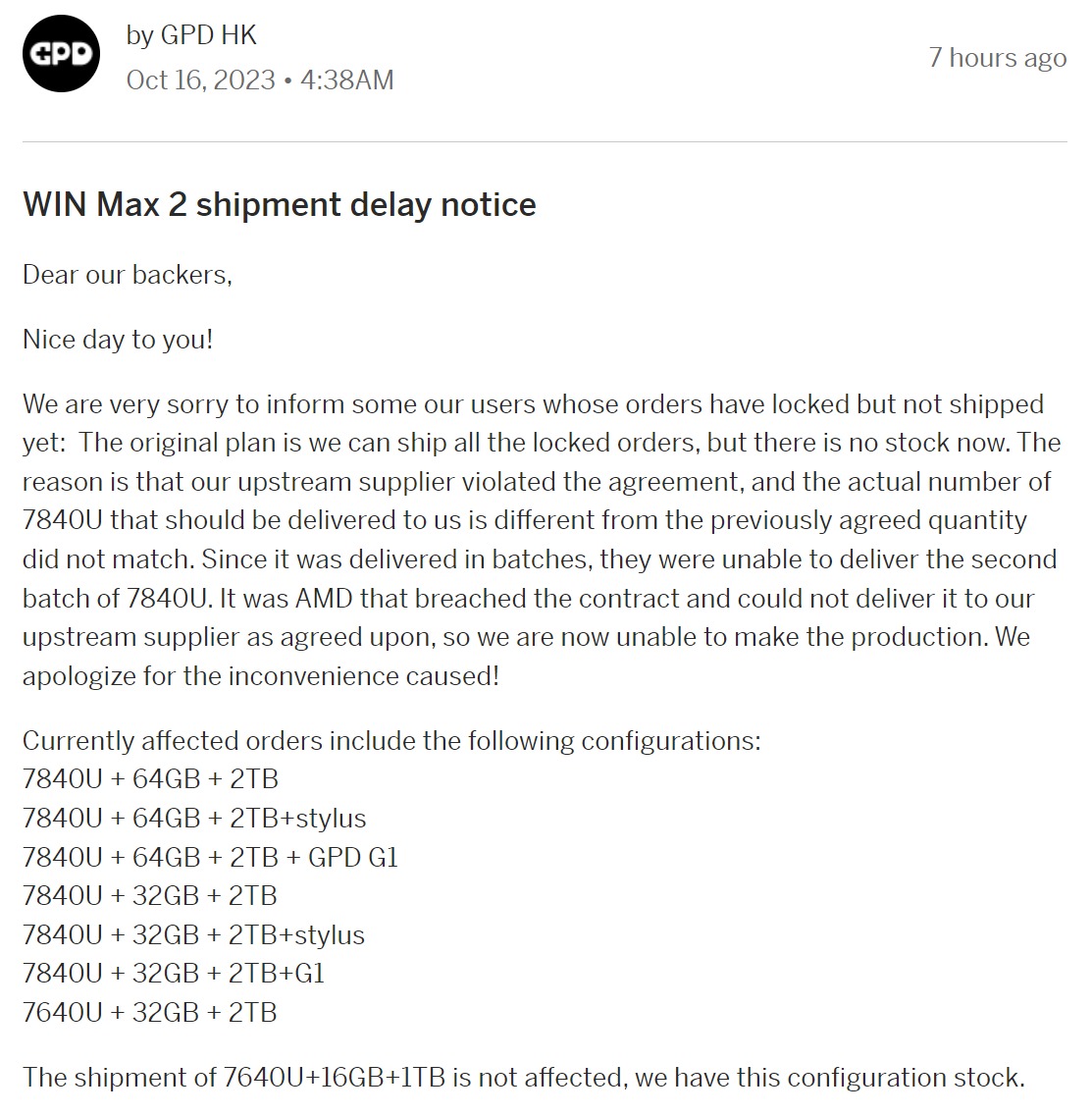 GPD Win Max 2掌机预购玩家迟迟拿不到机器，GPD跳出来表示是AMD处理器产量不够