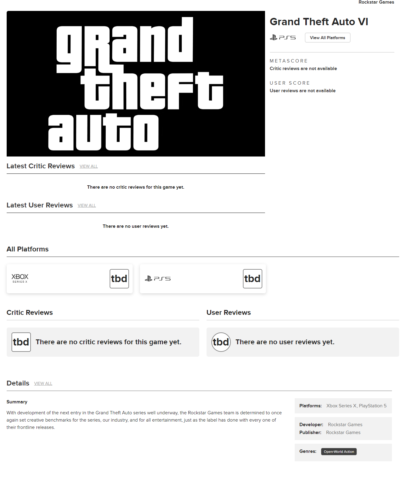 Metacritic推出《GTA 6》游戏网页
