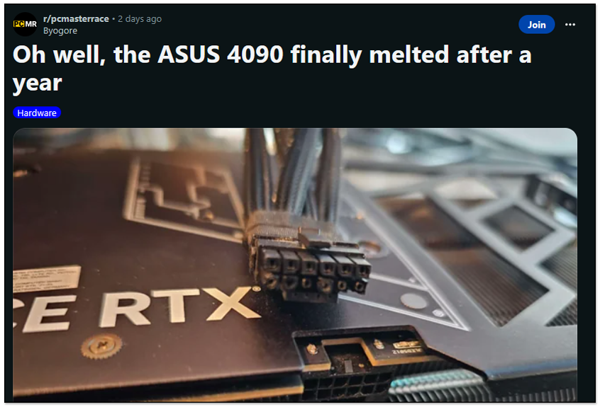 经过了一年，又有人的 NVIDIA RTX 4090 的 16Pin 电源线接口熔化了 - 电脑王阿达