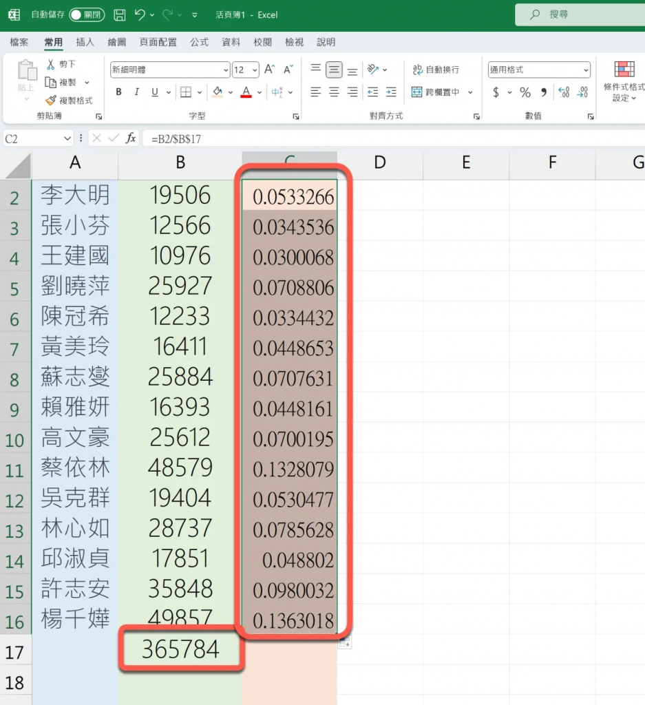 Excel 教学 – 不使用任何函数快速计算出每个人的「百分比比例」