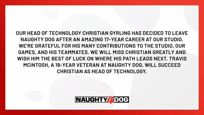 顽皮狗技术总监Christian Girling宣布离职 曾任职17年