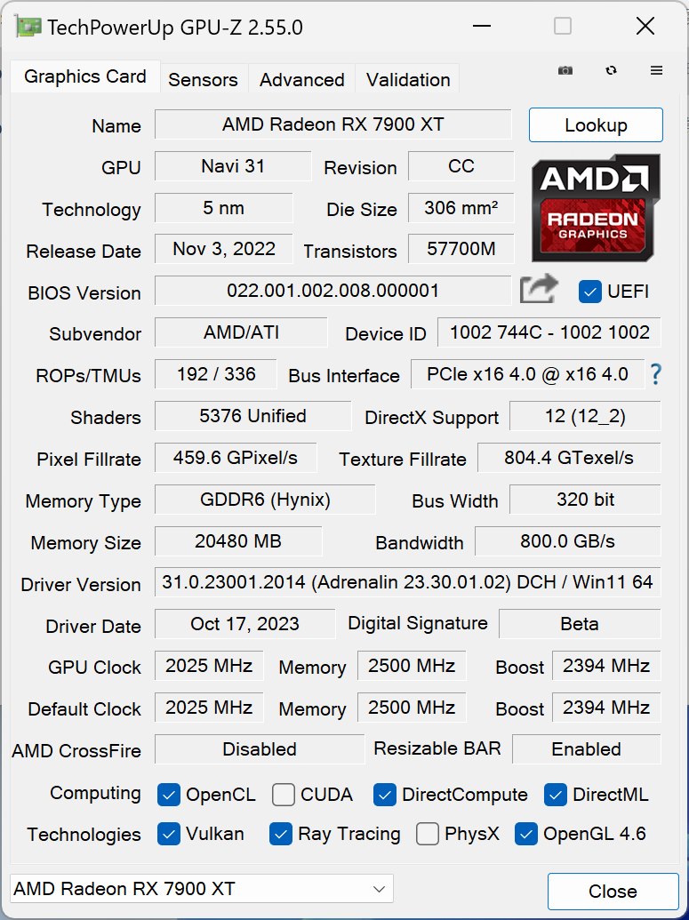 测试过程使用AMD Radeon RX 7900 XT公板显卡，搭配版号为23.30.01.02的技术预览版驱动程序。