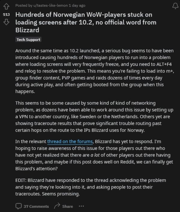 《魔兽世界》出现神奇卡死Bug：只有挪威玩家才受害？ 而且受害者多达数百人