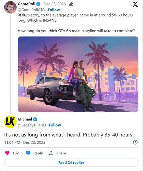 《侠盗猎车手 GTA 6》的主线剧情没想象中的那么长，可能仅35-40个小时