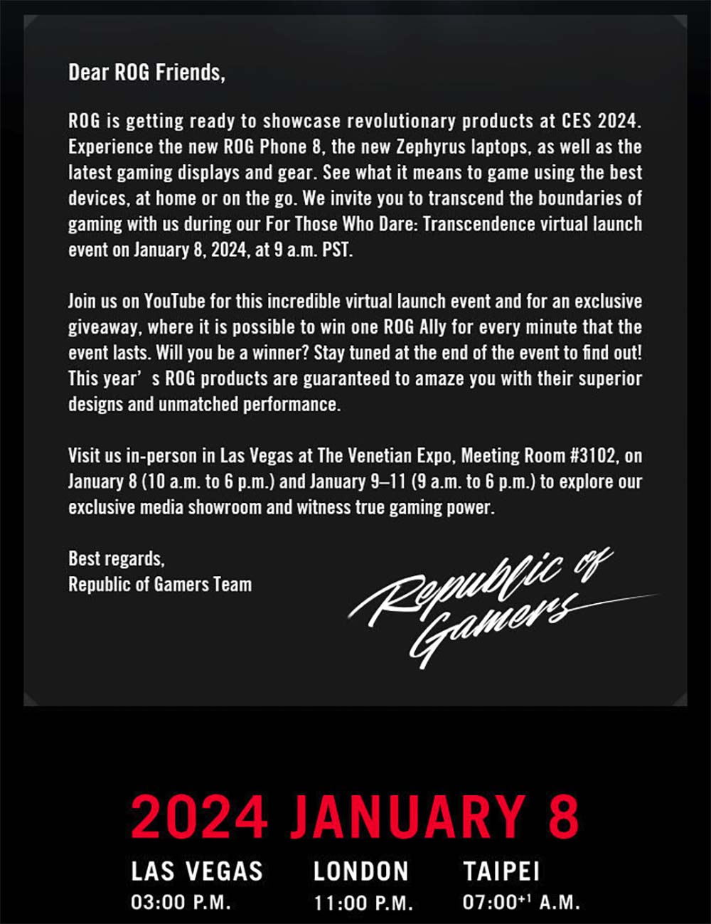 ROG《For Those Who Dare ： Transcendence》线上新品发布会将在2024年1月9日举行