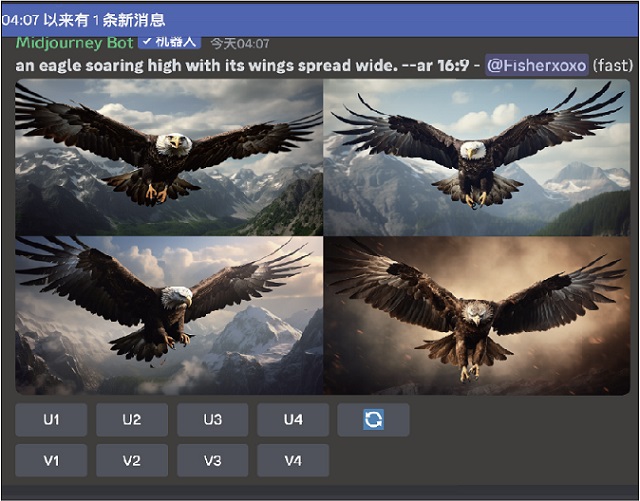 以上图为例一般在输入提示词「an eagle soaring high with its wings spread wide.一只展翅高飞的老鹰」会得到输入框上的结果，如果想要去除树和山的元素，便能在句尾加入 --no trees --no mountain。