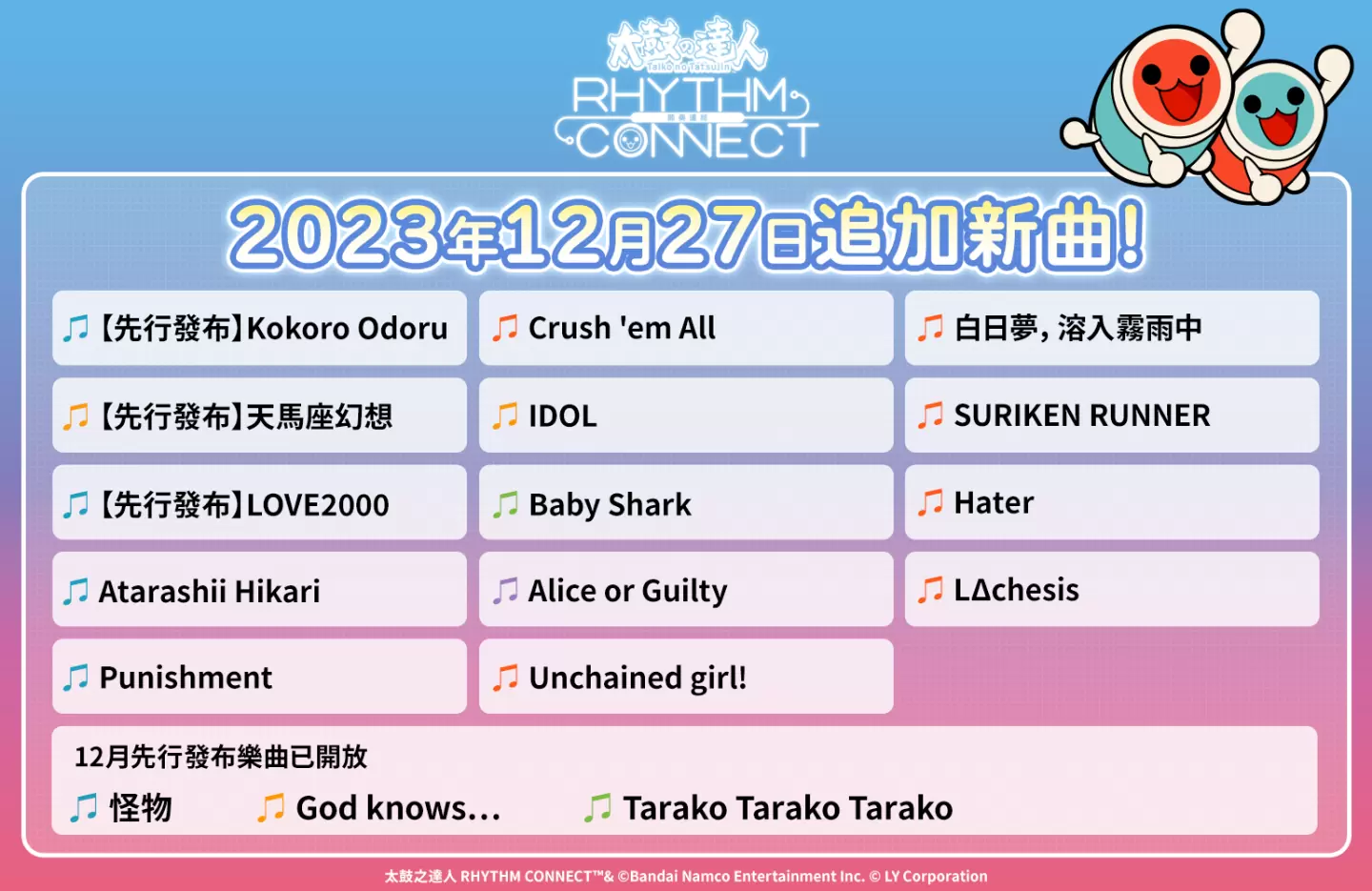 《太鼓之达人 RHYTHM CONNECT》新增〈IDOL〉、〈Alice or Guilty〉、 〈Baby Shark〉等热门歌曲！