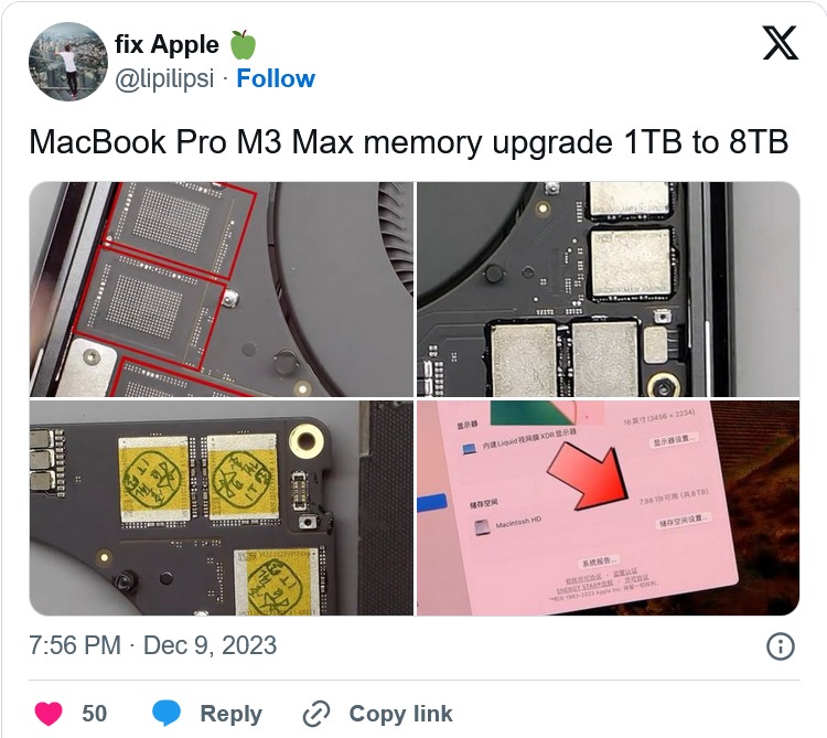 网友改装M3 Max MacBook Pro，自行升级储存空间1TB直上8TB