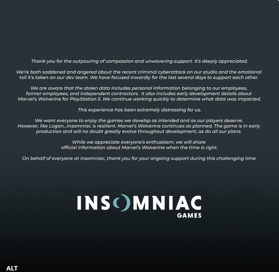 Insomniac回应数据外泄事件：《漫威狼人》计划不受影响