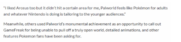 宝可梦粉丝对《幻兽帕鲁PalWorld》赞不绝口：希望能借此打醒宝可梦开发商GF，做他们早该做的事