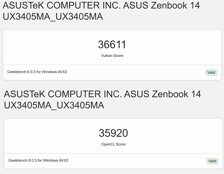利用Geekbench 6进行Intel Arc Graphics显示芯片进行测试，在OpenCL测试获得的分数为35,920分; 在 Vulkan 测试获得的分数为 36,611 分。