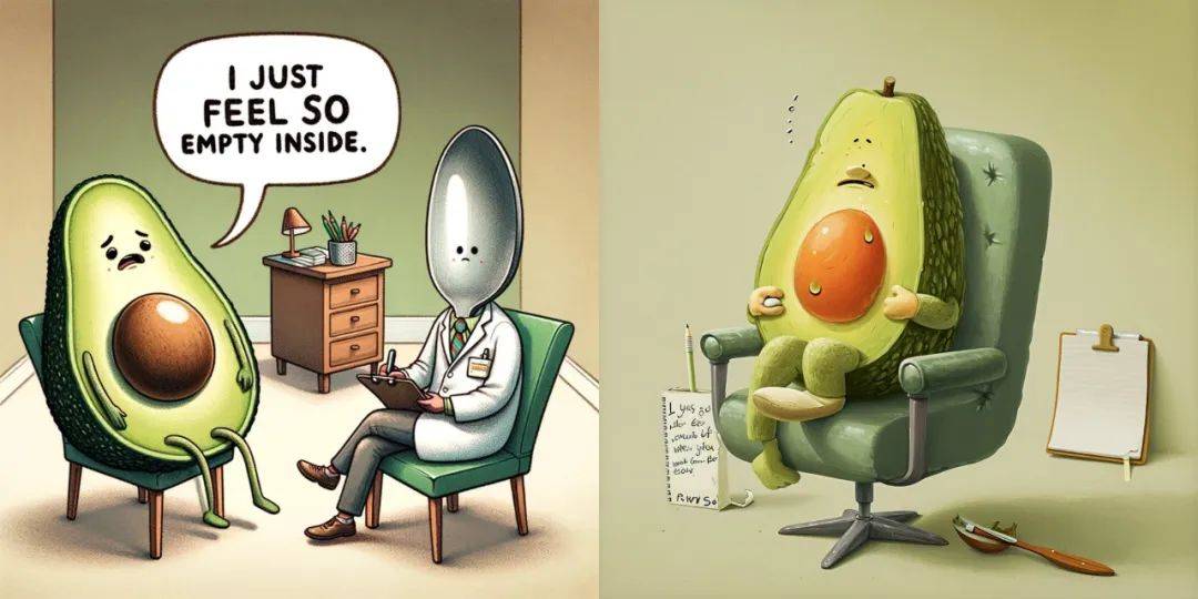 範例 6prompt：An illustration of an avocado sitting in a therapist's chair， saying 'I just feel so empty inside' with a pit-sized hole in its center. The therapist, a spoon, scribbles notes.