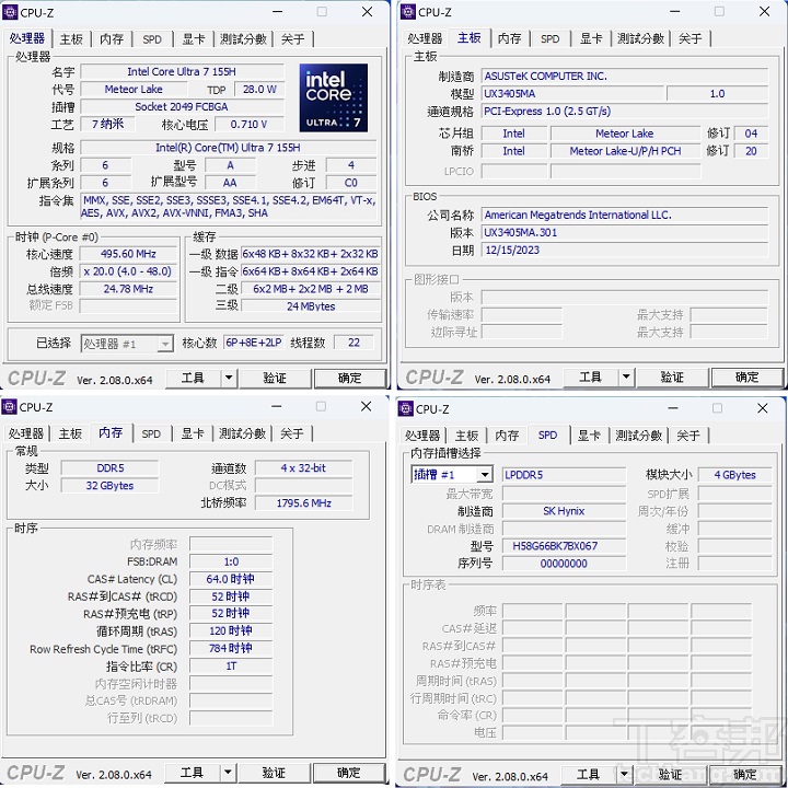 利用CPU-Z来检视规格，Intel Core Ultra 7 155H 3.8GHz处理器为6个P-core、8个e-core、2个LP E-core的组合，TDP为28W，并搭载了32GB LPDDR 5内存。
