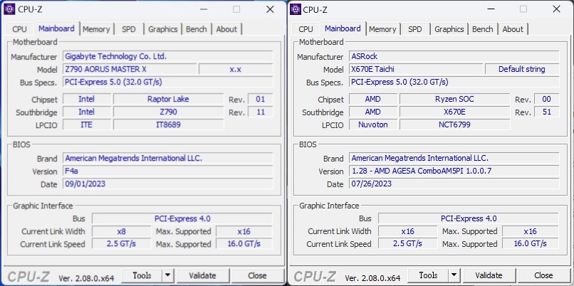 Intel与AMD双方阵营的处理器分别搭配GIGABYTE Z790 Aorus Master X与ASRock X670E Taichi主板。