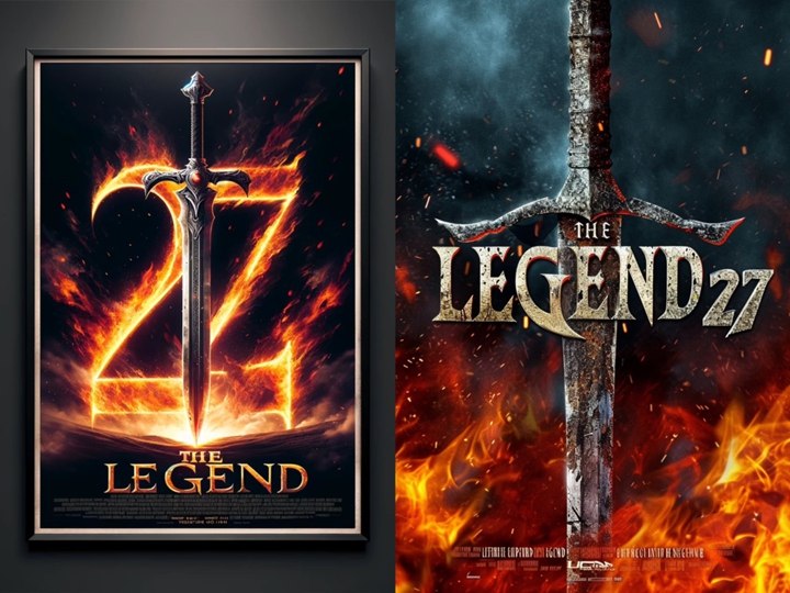 示例一 prompt：The words 「THE LEGEND 27」 on a movie poster featuring a legendary sword， and flames in the background