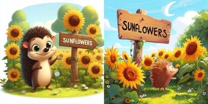 范例五 prompt：A pixar style illustration of a happy hedgehog， standing beside a wooden signboard saying “SUNFLOWERS”， in a meadow surrounded by blooming sunflowers