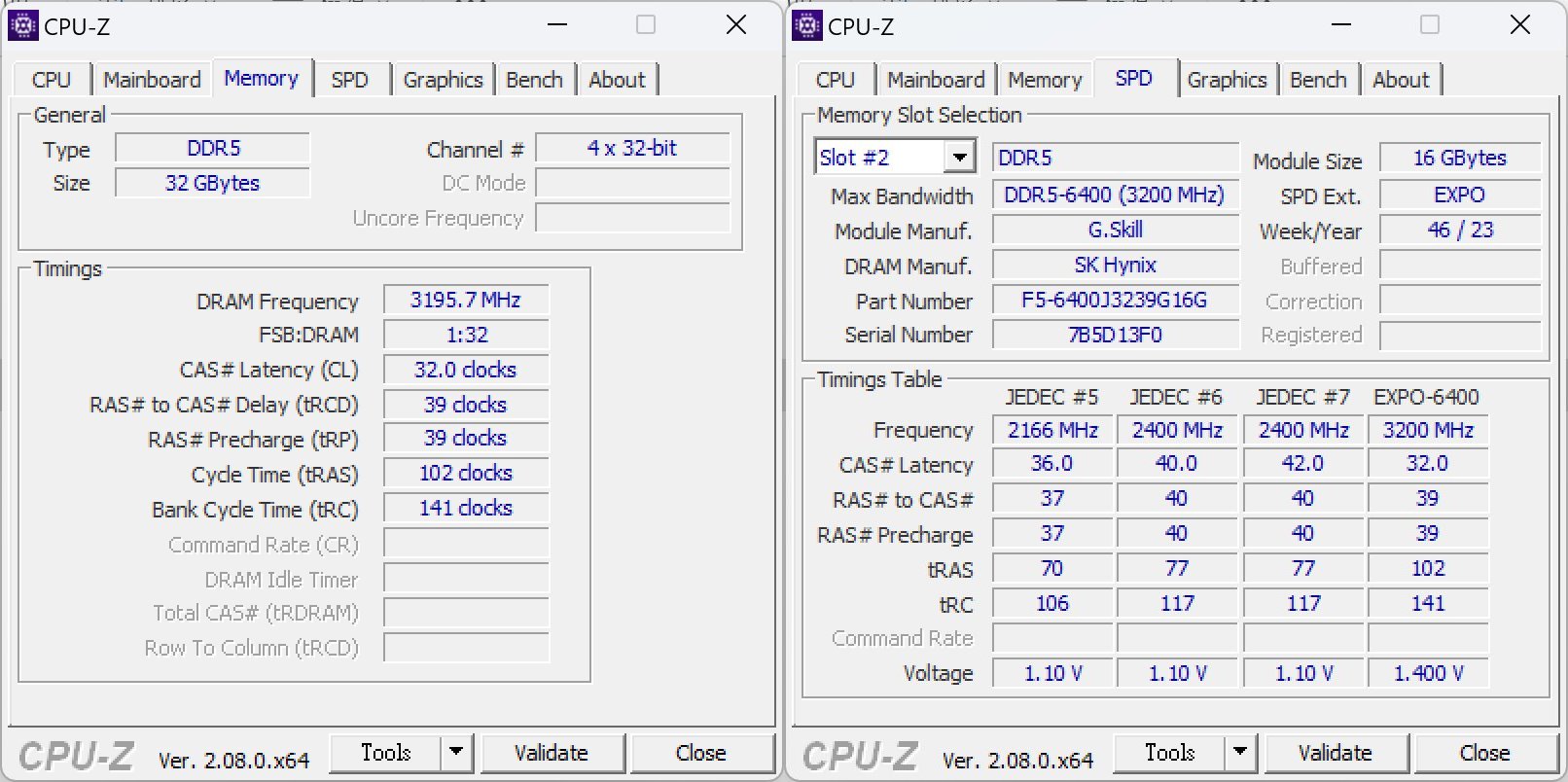 内存的CPU-Z资讯，以DDR5-6400双通道模式运作，CL值为32。