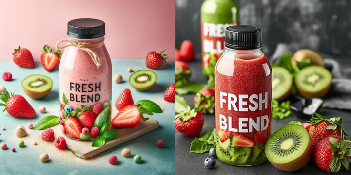 范例三 prompt：A professional product photo of a colorful smoothie bottle with strawberries and kiwi， captioned “FRESH BLEND”