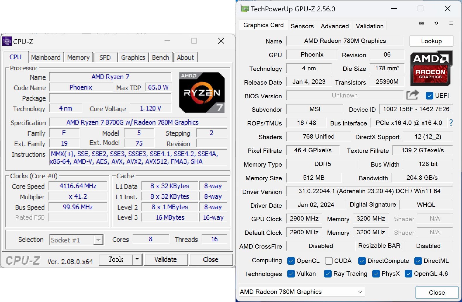 Ryzen 7 8700G的CPU-Z与GPU-Z资讯，其内置显示具有12组运单元，共768组Unified Shader。