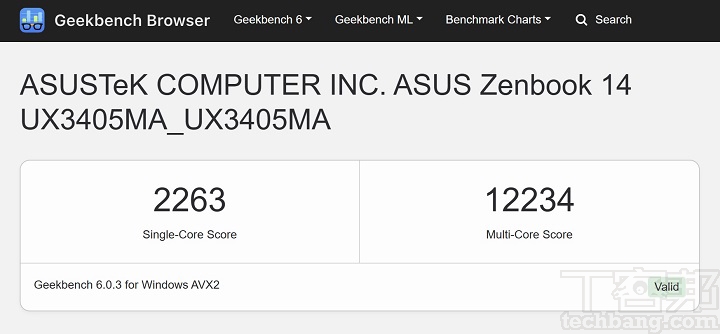 利用Geekbench 6进行测试，在单核心部分获得2,263分，多核心获得12,234分。