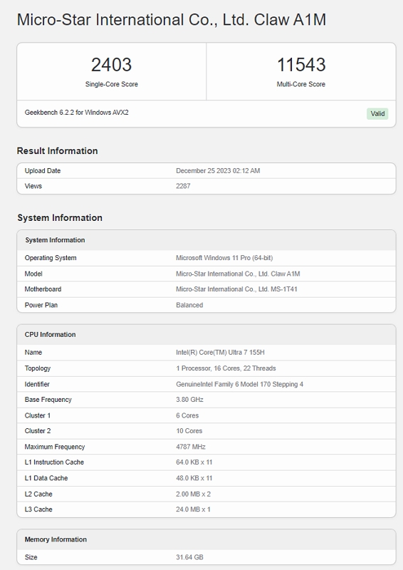 微星CLAW游戏掌机登陆Geekbench，核心Intel Core Ultra 7 155H处理器跑分曝光