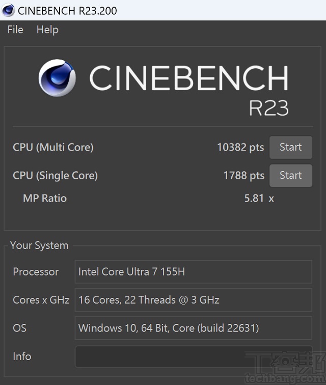 于CINEBENCH R23测试中，CPU多核心为10,382 pts，单核心为1,788pts，多、单核心的性能差距倍数为5.81x。
