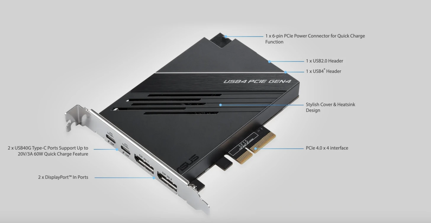ASUS USB4 PCIE GEN4 CARD扩展卡发布，提供USB4 Type-C和60WPD支持